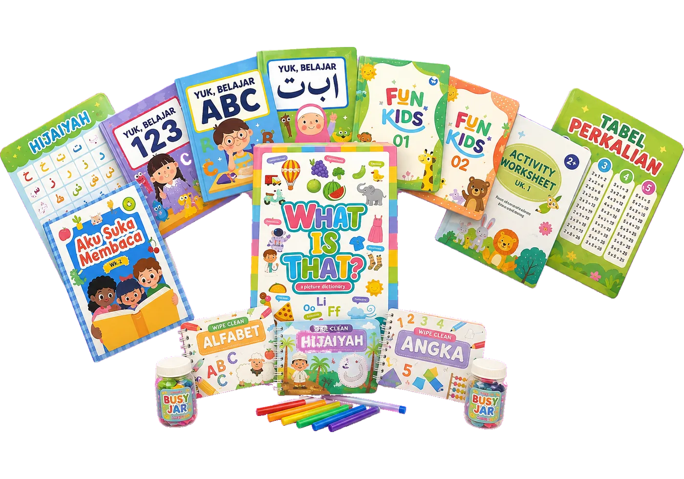 Koleksi Zivana Kids: Wipe Clean Book, worksheet, buku aktivitas, busy jar, dan poster edukasi tersusun bersama